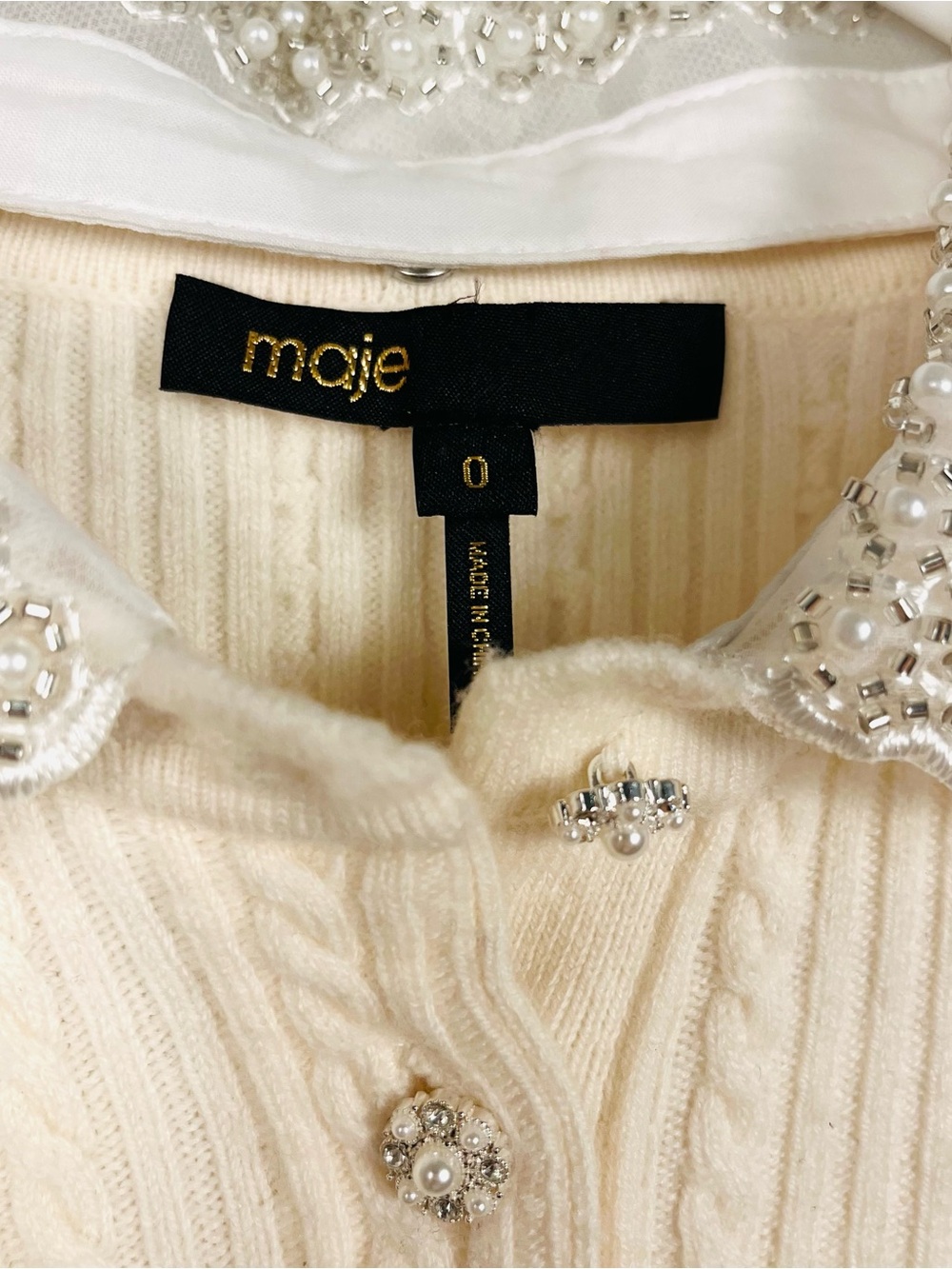 MAJE Embellished Pearl Beaded Peter Pan Collar Short Sleeve Sweater Top 0/XS - Picture 6 of 9